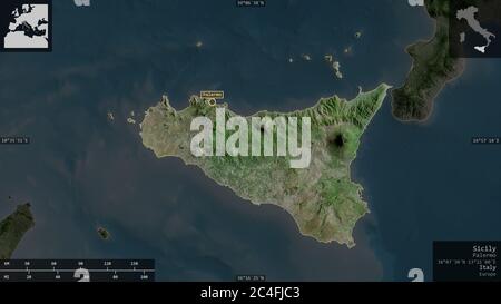 Sicily, autonomous region of Italy. Satellite imagery. Shape presented against its country area with informative overlays. 3D rendering Stock Photo