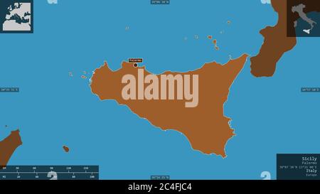 Sicily, autonomous region of Italy. Patterned solids with lakes and rivers. Shape presented against its country area with informative overlays. 3D ren Stock Photo