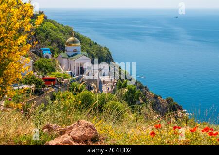 Balaclava St. George Monastery and surrounding landscape at summer. Copy space. Travel, relax or loneliness concept. Stock Photo