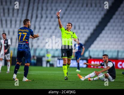 at the Allianz Stadium, Turin, Italy, 26 Jun 2020, panagiotis tachtsidis of us lecce red card during the serie a 2019/20 match between juventus vs us lecce at the allianz stadium ,  turin ,  italy on june 26 ,  2020 - photo fabrizio carabelli during Juventus vs Lecce -  - Credit: LM/Fabrizio Carabelli/Alamy Live News Stock Photo