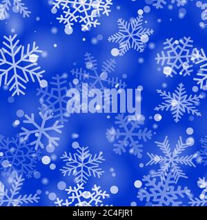 Christmas seamless pattern of snowflakes of different shapes, sizes and transparency in blue colors Stock Vector