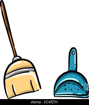 Broom and scoop, illustration, vector on white background Stock Vector