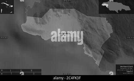 Westmoreland, parish of Jamaica. Grayscaled map with lakes and rivers. Shape presented against its country area with informative overlays. 3D renderin Stock Photo