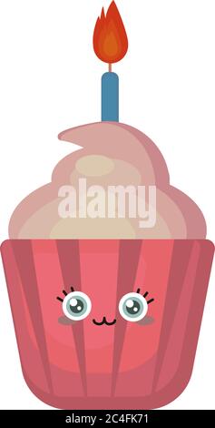 Cupcake with candle, illustration, vector on white background Stock Vector
