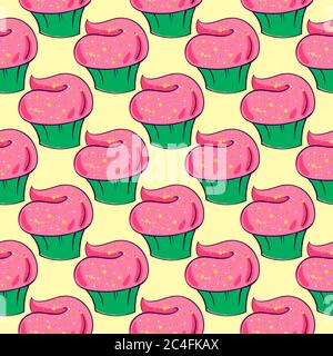 Cupcakes pattern, seamless pattern on yellow background. Stock Vector