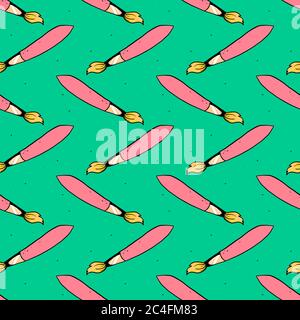 Brushes for paint pattern, seamless pattern on green background. Stock Vector