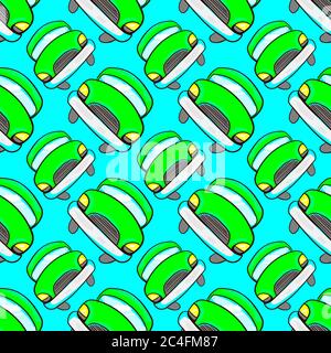 Green car pattern, seamless pattern on blue background. Stock Vector