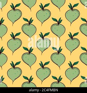 Radish pattern, seamless pattern on yellow background. Stock Vector