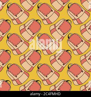 Backpack pattern, seamless pattern on yellow background. Stock Vector