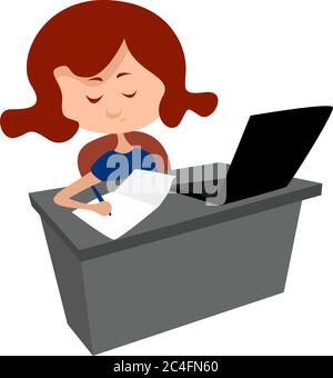 Little Girl Doing Homework. Cute Cartoon Character. Vector Illustration 