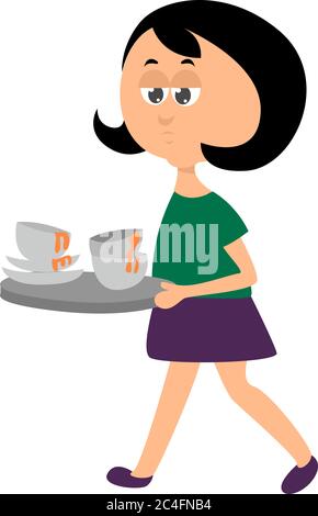 Woman carrying dirty dishes, illustration, vector on white background Stock Vector