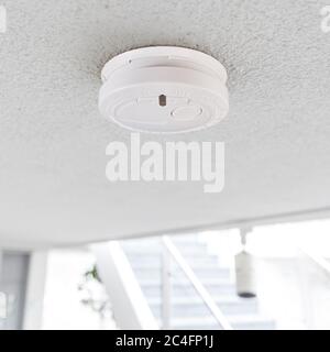 Smoke alarm / battery powered smoke detector on the ceiling in room Stock Photo