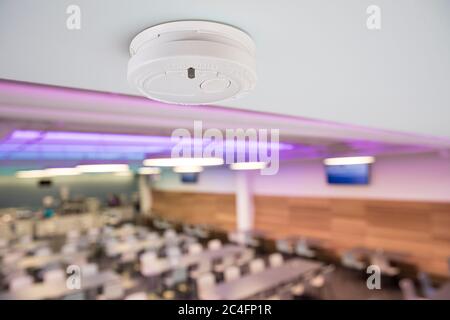 Smoke alarm / battery powered smoke detector on the ceiling in room Stock Photo