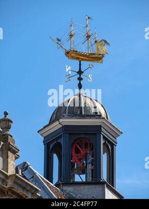 ROCHESTER, KENT, UK - SEPTEMBER 13, 2019:  The cupola and weather vane in the form of an 18th-century warship above Rochester Guildhall Museum Stock Photo