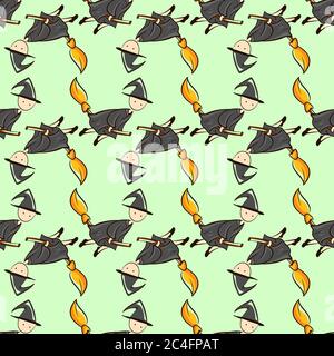 Witch on broom pattern, seamless pattern on light background. Stock Vector