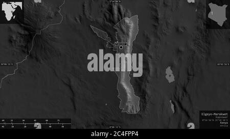 Elgeyo-Marakwet, county of Kenya. Grayscaled map with lakes and rivers. Shape presented against its country area with informative overlays. 3D renderi Stock Photo