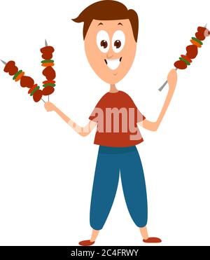 Man with kebabs, illustration, vector on white background Stock Vector