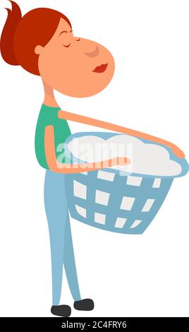 Girl doing laundry, illustration, vector on white background Stock Vector