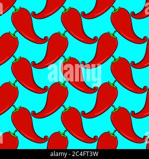 Chili pepper, seamless pattern on blue background. Stock Vector