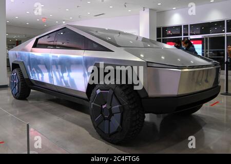 Los Angeles, United States. 26th June, 2020. A Tesla Cybertruck sits on display at the Petersen Automotive Museum on Friday, June 26, 2020 in Los Angeles. The Cybertruck is the 7th vehicle unveiled by electric car manufacturer, Tesla. Production is set for late 2021. (Dylan Stewart/Image of Sport) Photo via Credit: Newscom/Alamy Live News
