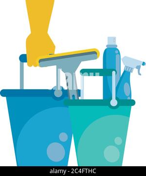 splash spray bottles disinfectants with buckets vector illustration design Stock Vector