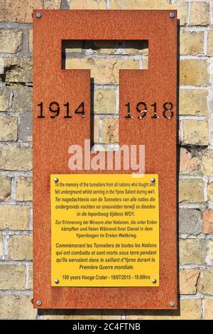 Close-up explanatory plaque outside the Hooge Crater Museum in Zillebeke (Ypres), Belgium Stock Photo