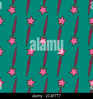 MAgic wand, seamless pattern on green background. Stock Vector