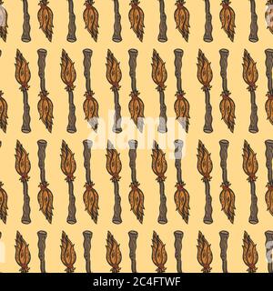 Flying broom, seamless pattern on orange background. Stock Vector