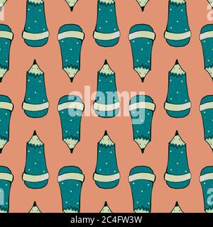 Blue pencil, seamless pattern on brown background. Stock Vector