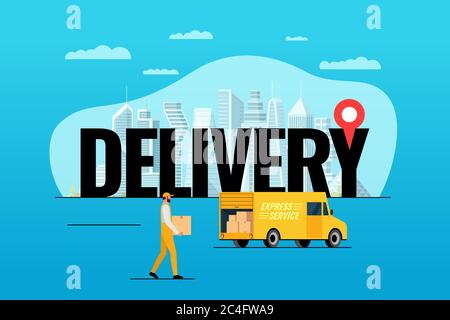 Express delivery service lorry truck ordering concept. Big inscription with gps pin geotag on modern city and male courier with package box. Fast cargo logistics van flat vector eps illustration Stock Vector