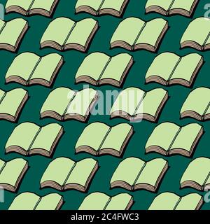 Opened book, seamless pattern on green background. Stock Vector