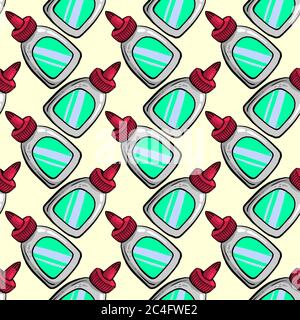 Glue in bottle, seamless pattern on bright background. Stock Vector