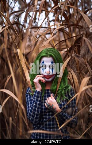 Portrait of a greenhaired girl with joker makeup on a orange leaves reeds background. Stock Photo