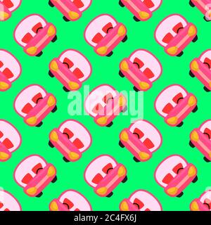 Pink car, seamless pattern on green background. Stock Vector