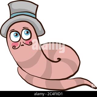Worm with hat, illustration, vector on white background Stock Vector