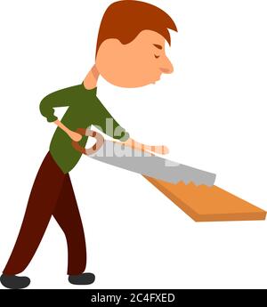 Man with hand saw, illustration, vector on white background Stock Vector