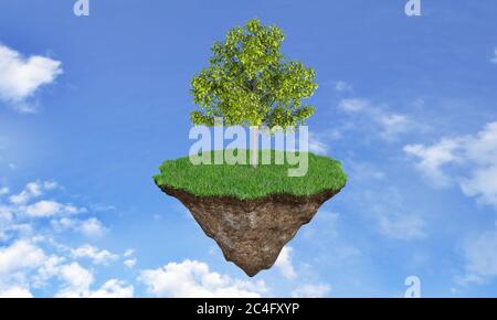 green grass island with tree floating in blue sky Stock Photo - Alamy
