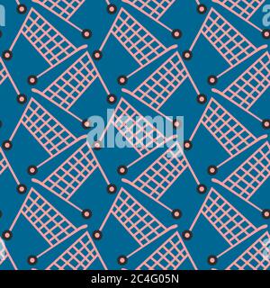 Shopping cart, seamless pattern on blue background. Stock Vector