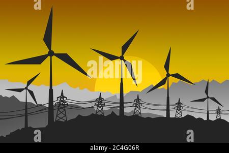 Silhouette of landscape view of wind power turbine, 3D rendering