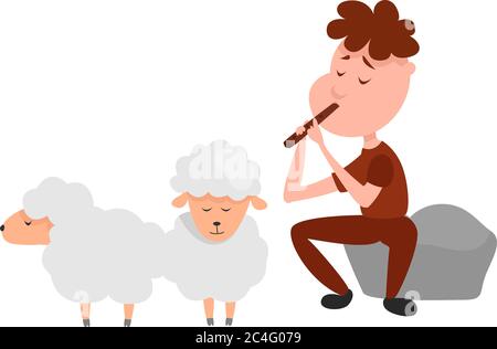 Shepard with sheeps, illustration, vector on white background Stock Vector