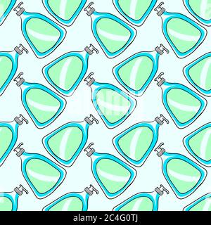 Soap in bottle, seamless pattern on blue background. Stock Vector