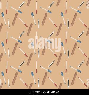 Pens and ruler, seamless pattern on orange background. Stock Vector