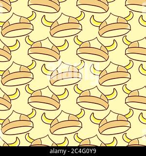 Viking helmet, seamless pattern on yellow background. Stock Vector