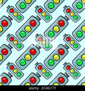 Traffic light, seamless pattern on blue background. Stock Vector