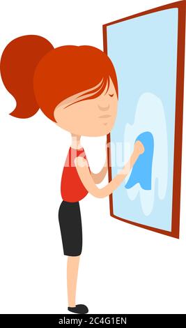 Woman washing windows, illustration, vector on white background Stock Vector