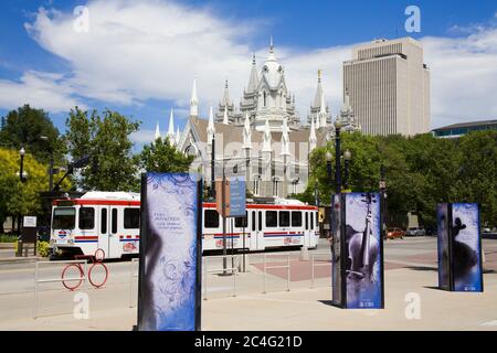 Light Rail & Assembly Hall, Temple Square, Salt Lake City, Utah, USA, North America Stock Photo