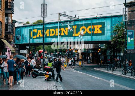 Famous painted Camden Lock sign on a railway bridge in Camden Town Stock Photo