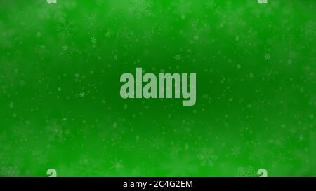Christmas background of snowflakes of different shapes, sizes, blur and transparency in green colors Stock Vector