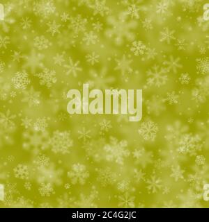 Christmas seamless pattern of snowflakes of different shapes, sizes, blur and transparency on yellow background Stock Vector