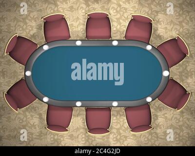 3D rendering of a poker table with chairs. (Top view) Stock Photo